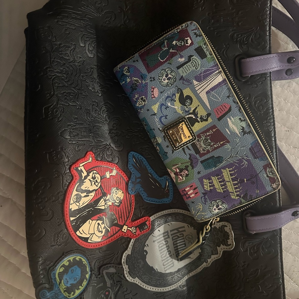 Dooney & Bourke Black Tote and Blue Wallet with Haunted Mansion Design